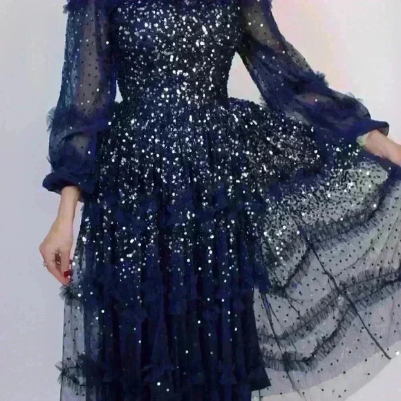 Maya Deluxe Navy Blue Sequin Party Midi Christmas/New Year's Party Dress - Picture 4 of 6